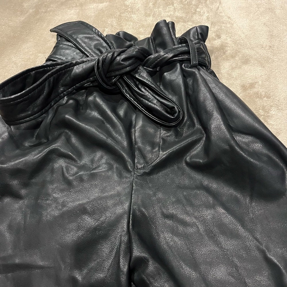 Black Faux Leather Paperbag Pants